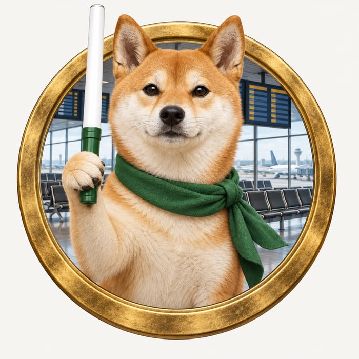 Baton Voyage coin logo showing a tan Shiba Inu with a cream muzzle, green scarf and upright white baton with a green handle.