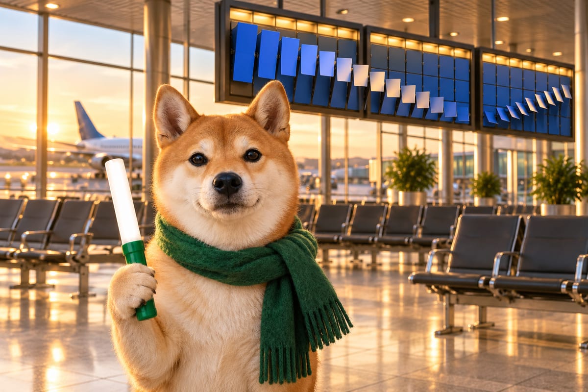 Baton Voyage waits calmly beside airport gate seating, his baton upright, with departure boards behind him.