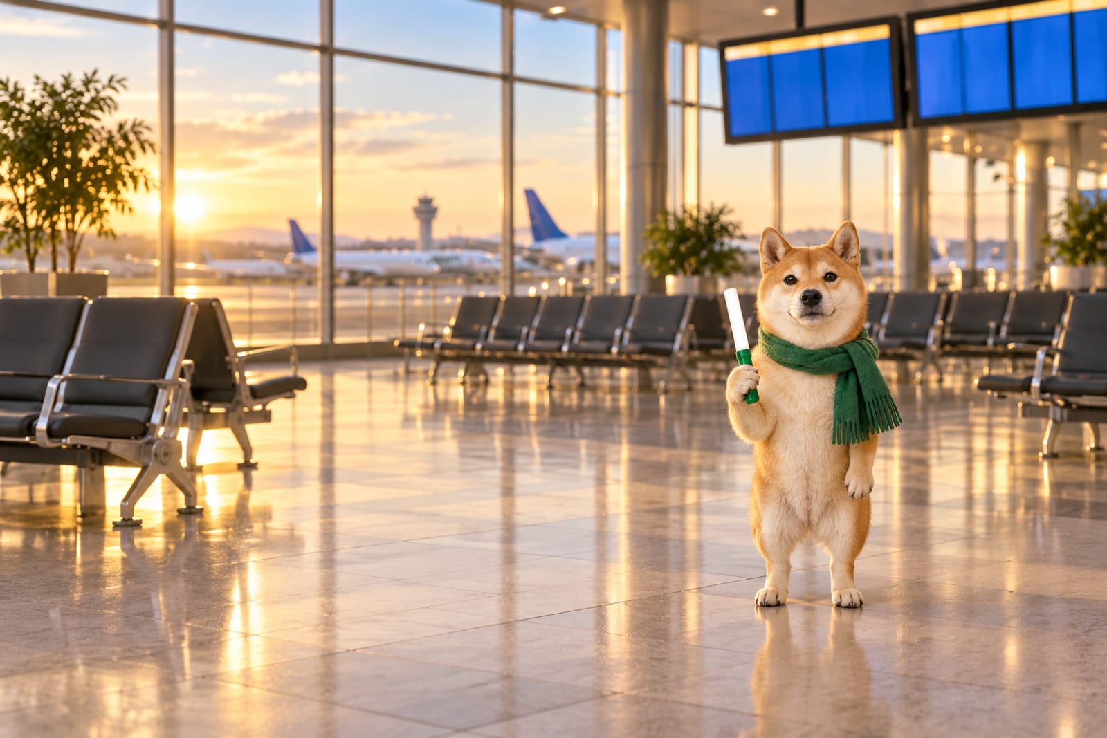 A realistic tan Shiba Inu with a cream muzzle and chest wears a green scarf and holds a white baton with a green handle upright in an airport departure lounge.